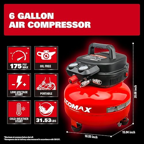 Miniatura 3 de Compresor de aire, compresor de aire para panqueques de 6 galones, MAX 175PSI, compresor para herramientas de aire con kit de accesorios de