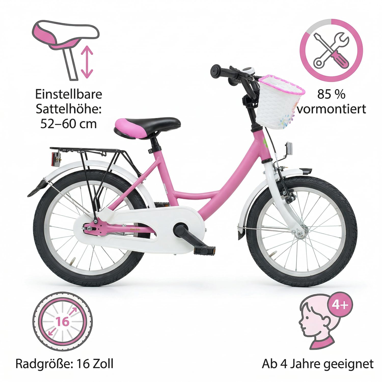 Bachtenkirch Qualitäts Kinderfahrrad 16 Zoll matt Pink Mädchen Kinderrad Fahrrad ab 4 Jahre
