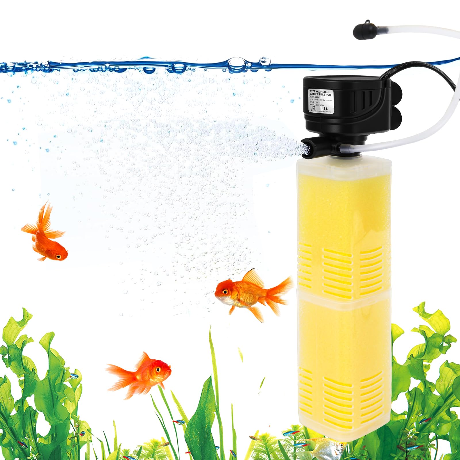 Filtre d'aquarium de 320 GPH pour aquarium de 40 à 500 litres, filtre interne submersible 4 en 1 avec filtration biochimique, pompe à eau puissante, alimentation en air et machine à vagues