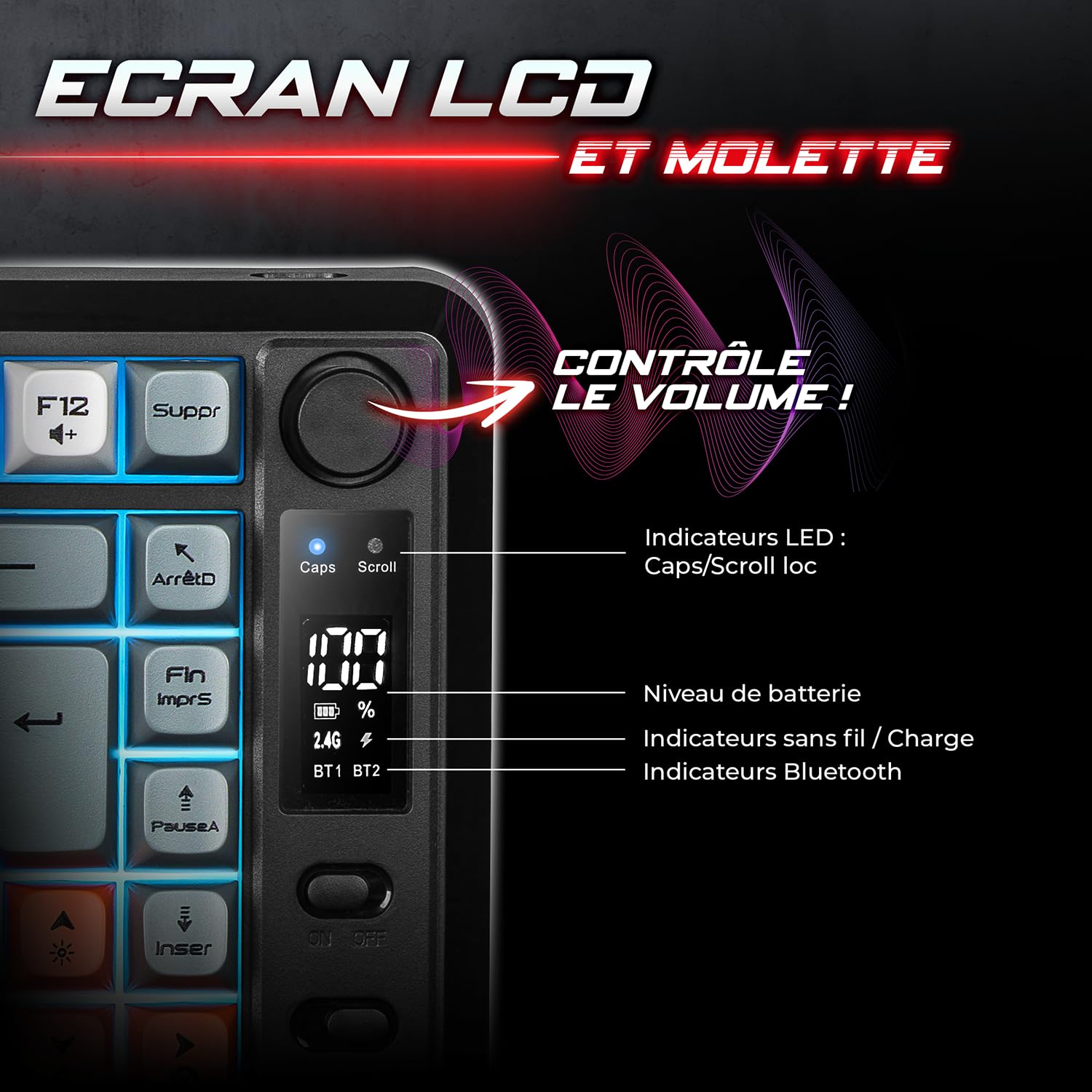 Spirit Of Gamer - Elite K30, Clavier Gamer TKL sans Fil AZERTY, Double Connexion Bluetooth & RF 2,4 GHz, Touches Semi-Mécanique Dont 24 Antighosting, RGB 6 Modes, Écran LCD, 190h Autonomie