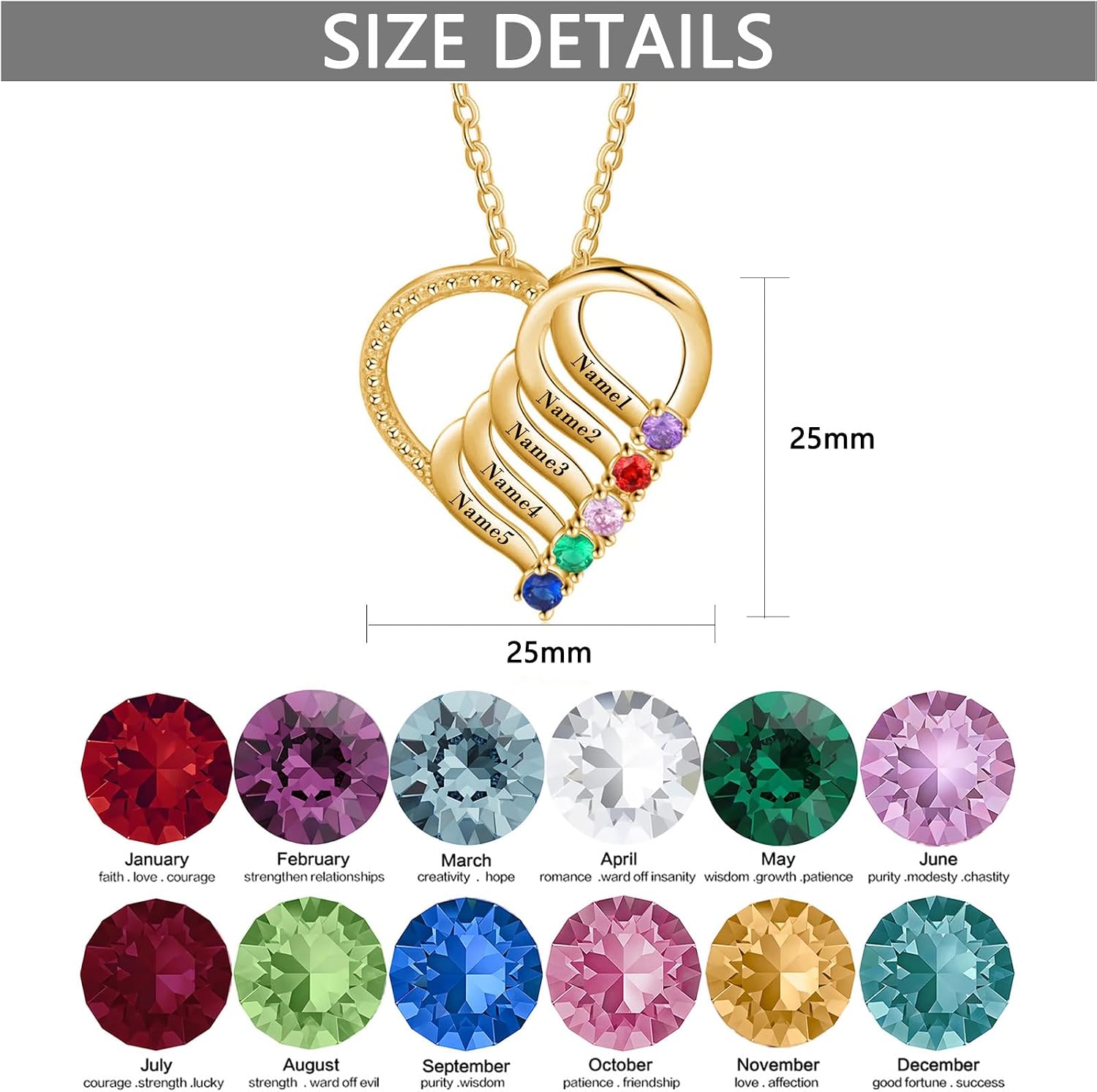 10K 14K 18K Gold Personalized Mothers heart Necklace with 2-6 Birthstones Custom Engraved Names Mom Pendant Christmas Gift for Her Wife