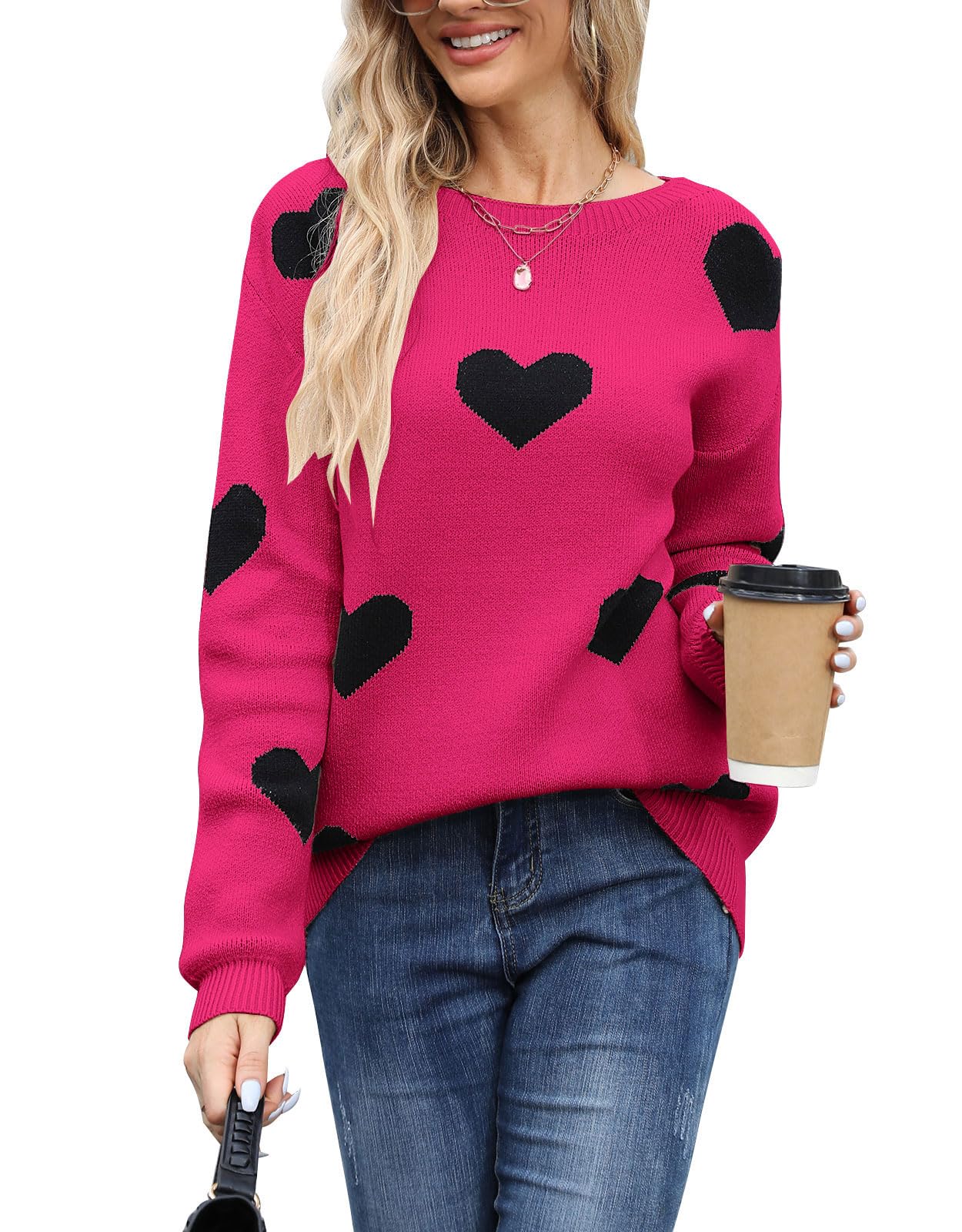 Womens Pullover Sweaters Long Sleeve Crew Neck Cute Multi-Hearts Knitted Casual Sweater