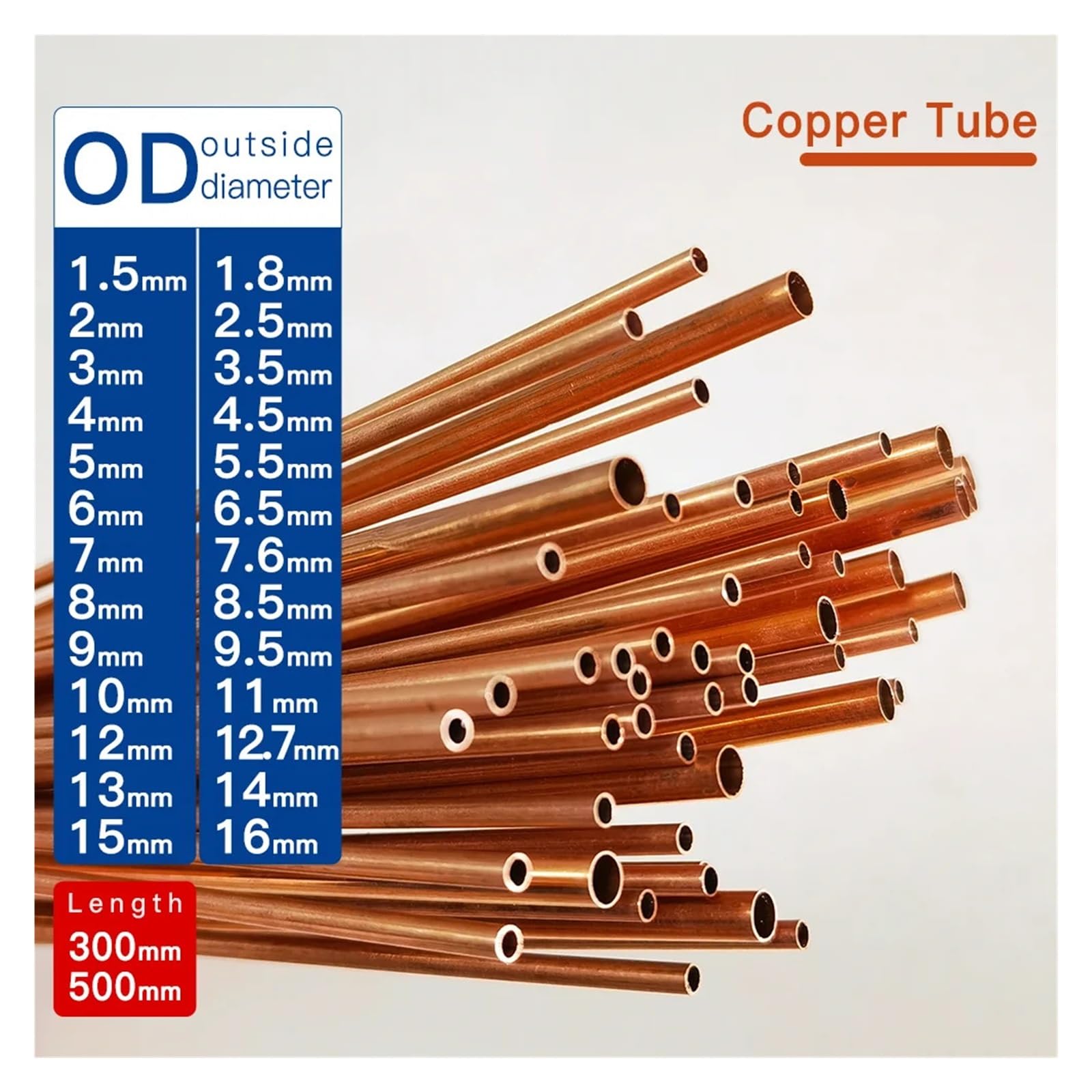 Tubo di rame OD1.5-16mm Lunghezza300 500mm Tubo tondo in lega di rame Dritto Rame rosso Spessore preciso 0,2-2(500mm,OD 16 x ID 14mm)