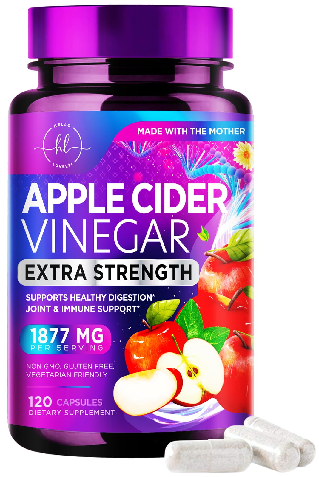 Apple Cider Vinegar Capsules 1877mg - Extra Strength ACV Pills with Vitamin D3 & Zinc - Apple Vinegar Pills Supplement for Digestion, Energy & Immune Support, Non-GMO, Bottled in USA - 120 Capsules