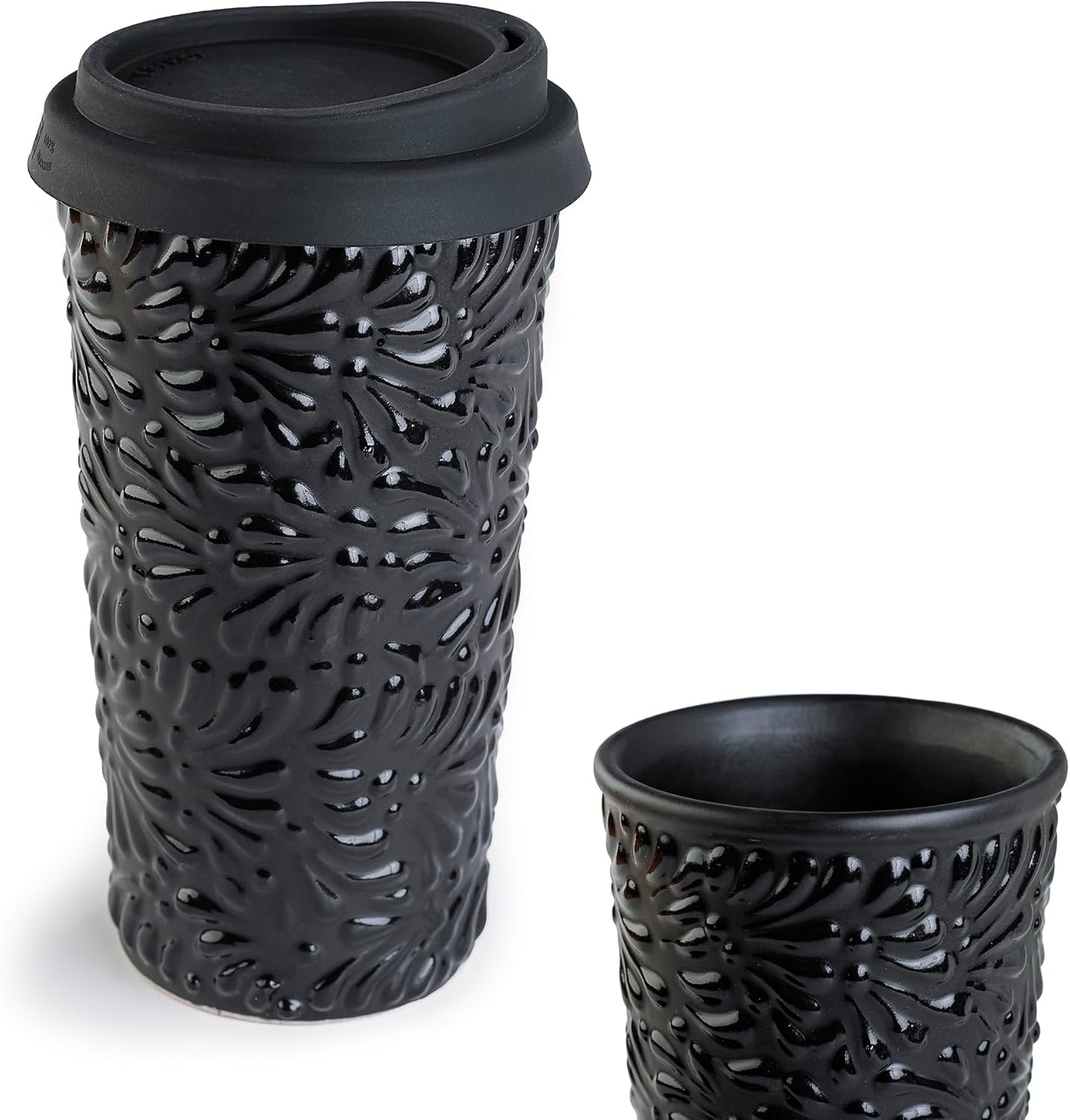 Handcrafted Talavera Ceramic Travel Mug with Silicone Lid, 16 oz, 6.5 Inch Tall, Mexican Embossed Pottery Coffee Tumbler – Artisan Texture & Relief Design (Midnight Obsidian)