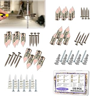 Self Drilling Drywall Anchors Kit - 120 Pcs, 4 Sizes, Zinc Plated Steel & Plastic, Suitable for Drywall, Gypsum Board & Porous Brick, Holds Up to 70 lbs