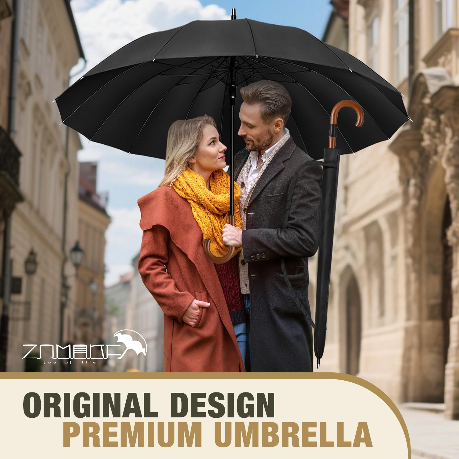 ZOMAKE Paraguas Grande XXL Antiviento 16 Varillas / 12 Varillas,120 cm Paraguas de Golf para Hombre Mujer,55 Pulgadas Parasol Largo Clásico con Bastones con Decoración de Anillas Metálicas