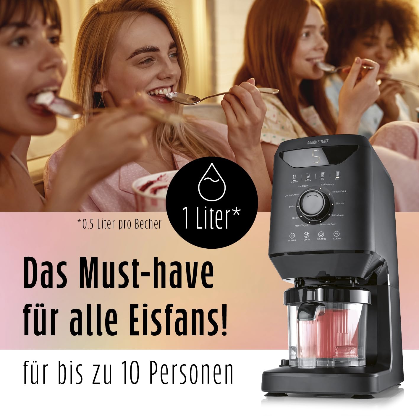 GOURMETmaxx SmoothUp Eismaschine 800 Watt | Eismaschine 10 Programme inkl. Mix-in-Funktion | Eiscreme-Maschine – Slushies & Eiscreme selber machen | Speiseeisbereiter LED Display – 2 Becher inklusive