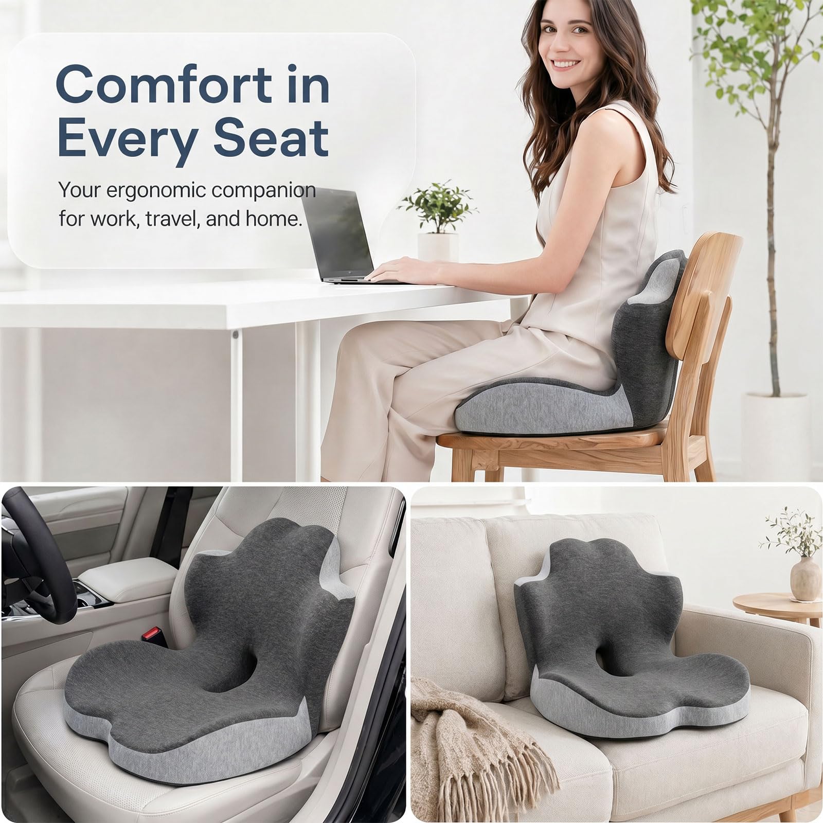 Cuscino per sedile in memory foam, cuscino 2 in 1 per sedile e supporto lombare, cuscino ergonomico per auto, cuscino per il coccige, per dolore al coccige, per ufficio, casa, sedia a rotelle