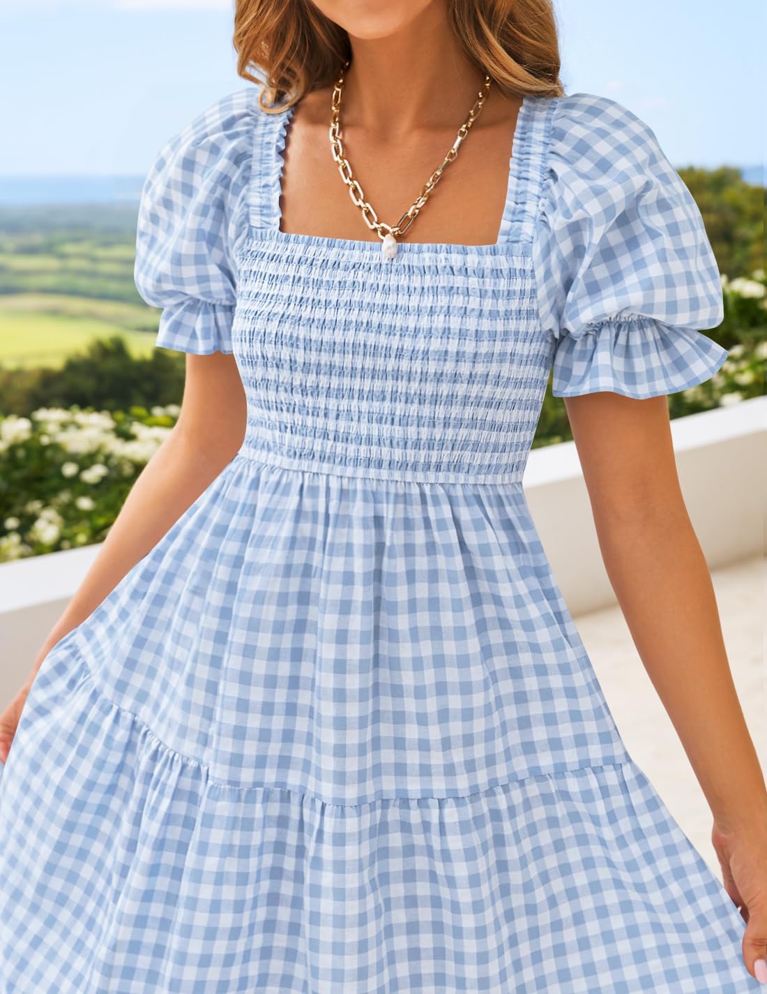 ZESICA Women's 2026 Bohemian Summer Plaid Square Neck Puff Sleeve Ruffle Flowy Beach Midi Dress - Image 4