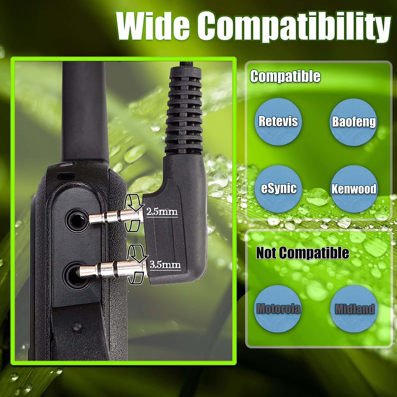 Retevis RS114 Walkie Talkie Altoparlante Microfono IP54 Impermeabile 2 Pin Compatibile RT24 RT27 RT5 RT5R Baofeng BF-888S UV-5R Kenwood HYT THT WOUXUN (1 Pezzo)