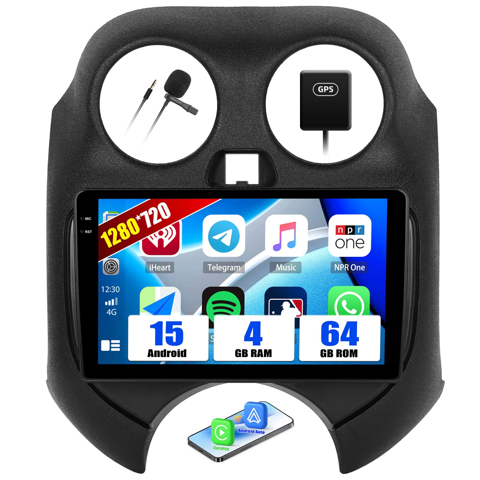 SIXWIN 4+64G Android 15 Autoradio per Nissan Micra 2010-2017 con Wireless CarPlay/Android/Mirror Link, 9" HD TouchScreen Schermo Navigatore con WiFi GPS Bluetooth FM RDS Radio +Telecamera