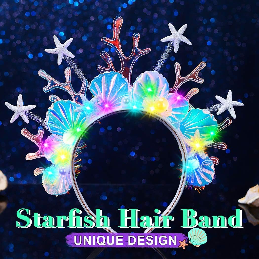JAKAWIN Light Up Mermaid Costume Headband Starfish Ocean Hair Accessories Shell Led Headpiece for Women - Image 4