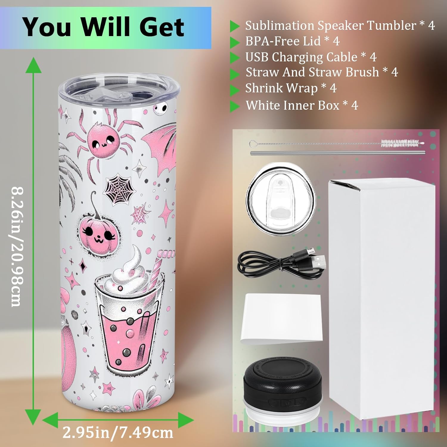 4 Pack 20Oz Music Speaker Tumbler, Skinny Straight Sublimation Tumblers, Stainless Steel Double Wall Insulated Speaker Cup With Detachable LED Light(Black) - Image 2