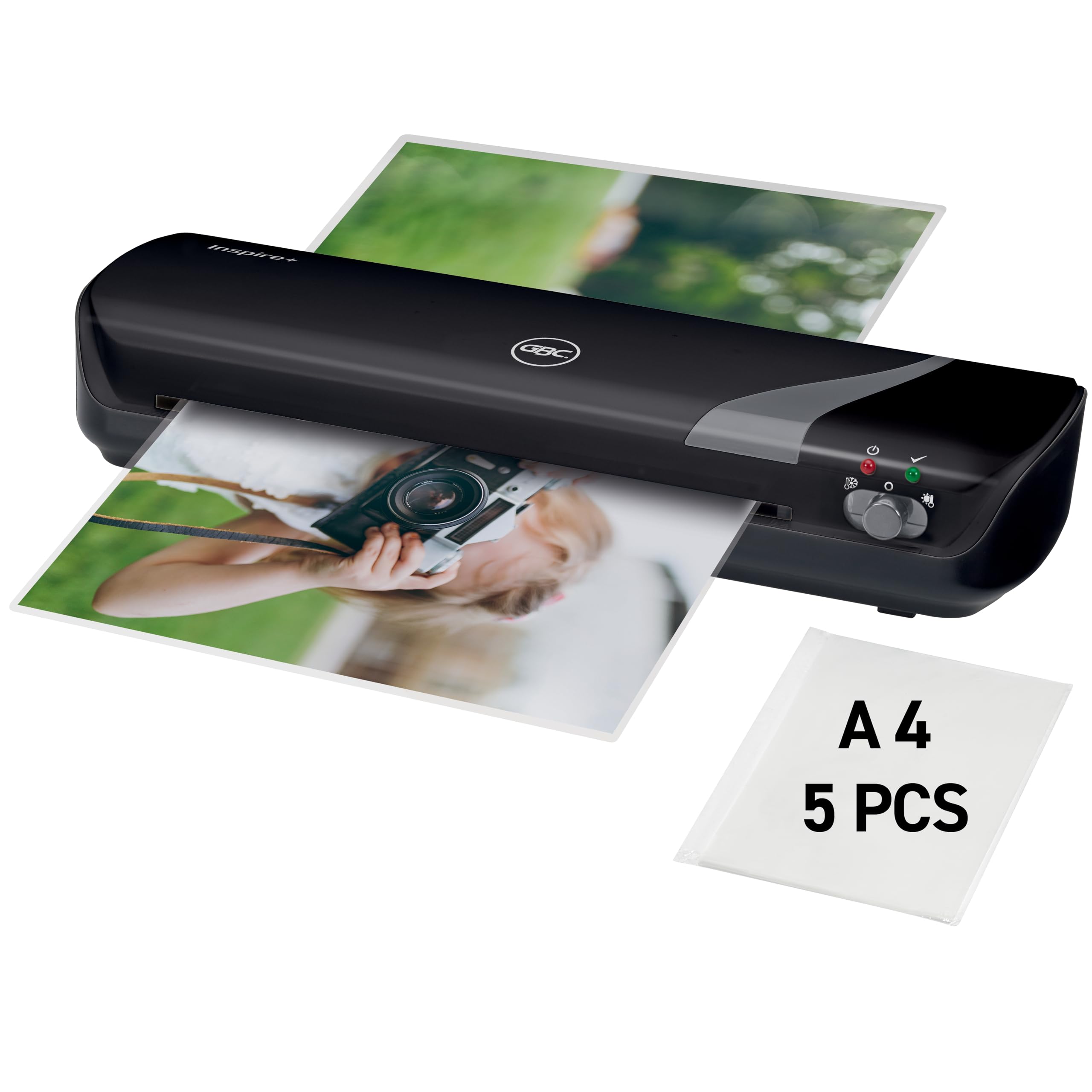 GBC 4402075EU - Plastificadora Inspire+ A4, Compacta y Fácil de Usar, Calentamiento Rápido 4 Minutos, Compatible con Bolsas 75-125 Micras, Modo en Frío, Pensada para Hogar u Oficina, Color Negro
