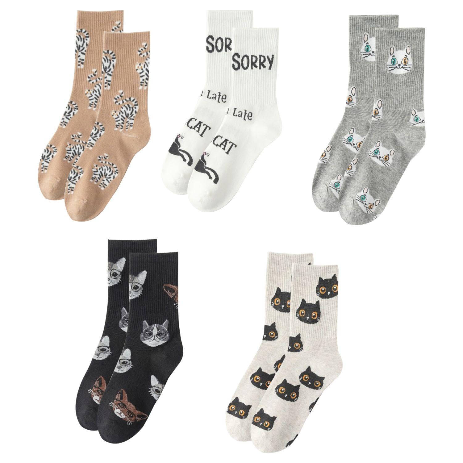 FFDHWU 5 Pairs Of Cat Print Socks, Cute Women'S Socks, Creative Cartoon Socks, Mid-Calf Socks, Soft And Breathable Socks