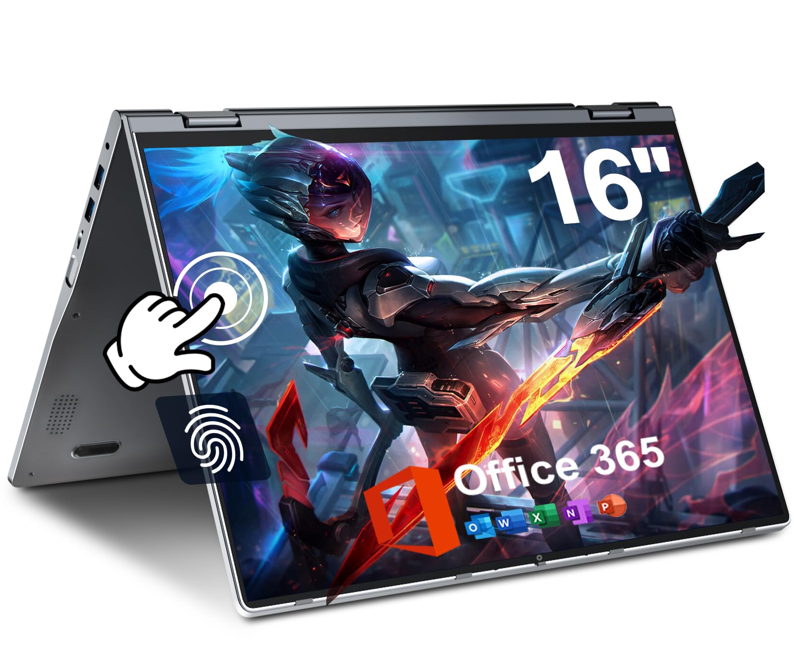 jumper Laptop Computer 16 inch, 16GB RAM 640GB Storage Ordinateur Portable, Fingerprint Reader, 1 Year Office 365, 360 Degree Rotation, 1920x1200 IPS FHD Touchscreen, Backlit Keyboard, WiFi 6, 53.2WH