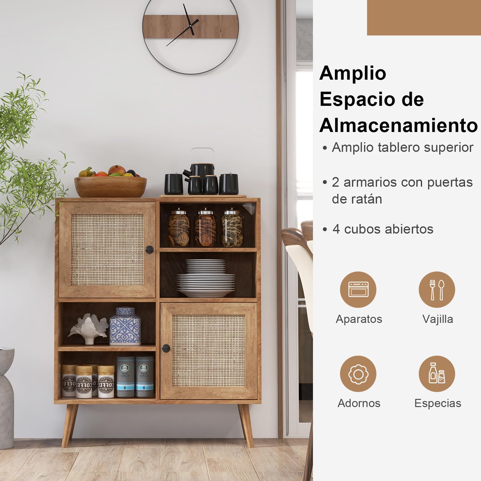 COSTWAY Aparador de Cocina de Rattan, Mueble Buffet Auxiliar con 4 Cubículos y 2 Puertas Decoradas con Rattan, Gabinete Credenza de Estilo Mid-Century Modern para Cocina, Comedor (80 x 29,5 x 97 cm)