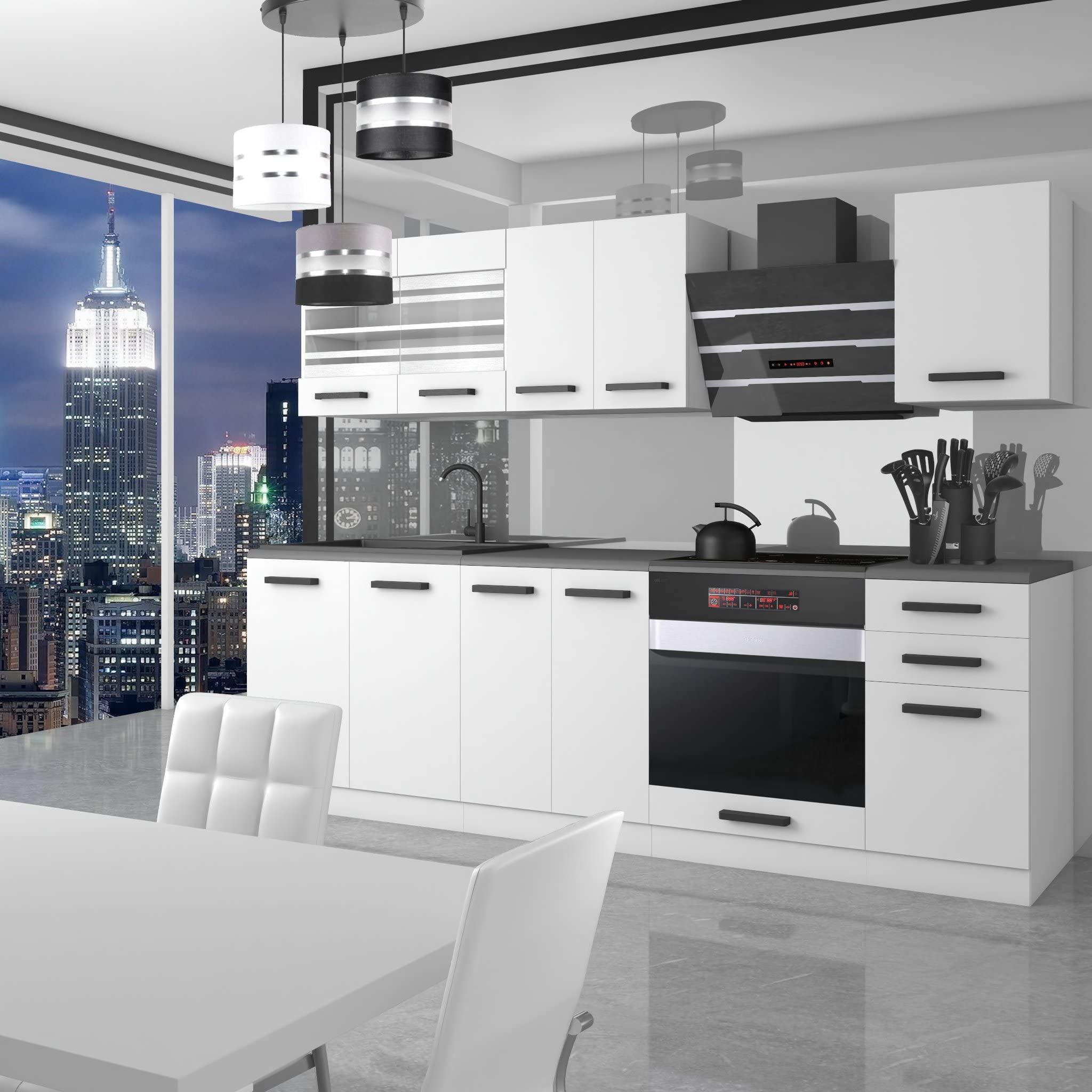 Belini cucina 240 cm Margaret, con piano di lavoro, Bianco opaco