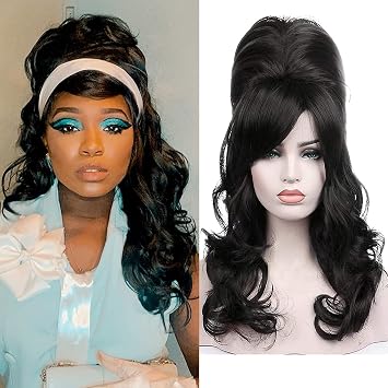 Kalyss Natural Black Beehive Wig Womens Curly Wavy Long Heat Resistant Synthetic Hair Cosplay Costume Wigs Natural Black