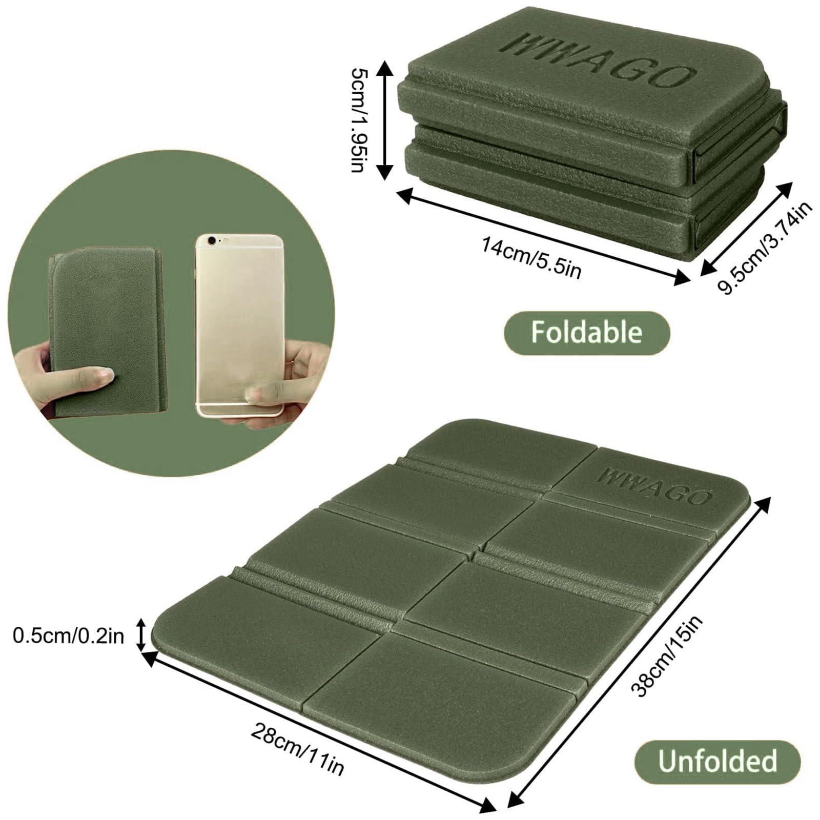 2 Pezzi Tappetino Pieghevole Campeggio, Cuscino Stadio, Cuscino da Stadio Sedile in Schiuma XPE Impermeabile, Cuscino da Esterno Pieghevole per Picnic, Spiaggia, Viaggi, Nero + verde militare