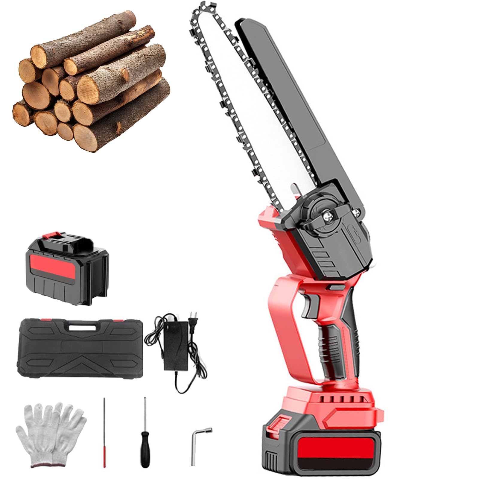 Mini motosierra inalámbrica, motosierra pequeña de mano de 8 pulgadas con 2 baterías de 4500 mAh, cargador y engrasador, motosierra portátil sin escobillas para camping y uso al aire libre, 4500 mAh
