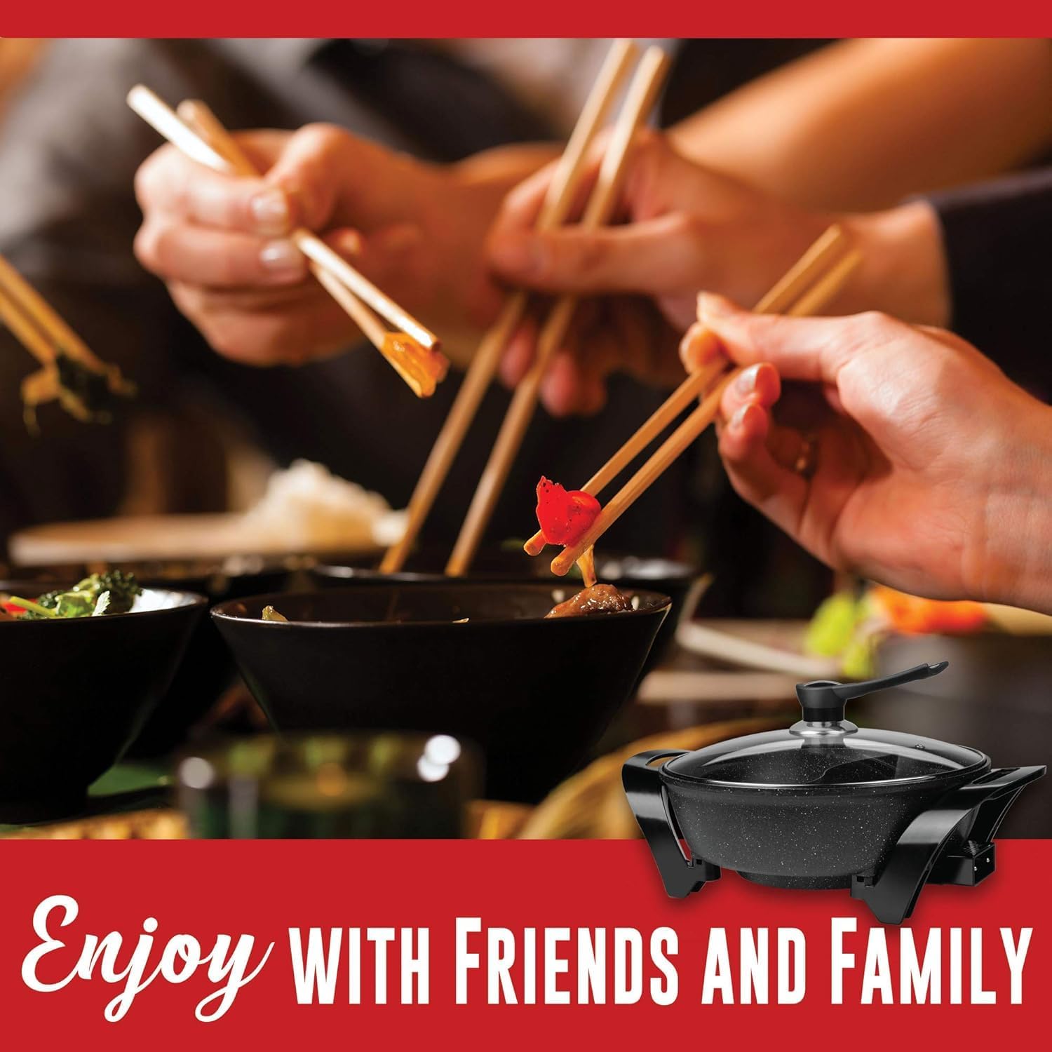6 Quart Non-Stick Cooker with Dual Compartments, Electric Shabu Shabu Hot Pot with Divider – Adjustable Thermostat & Glass Lid – 1600W Japanese Chinese Hotpot – Black