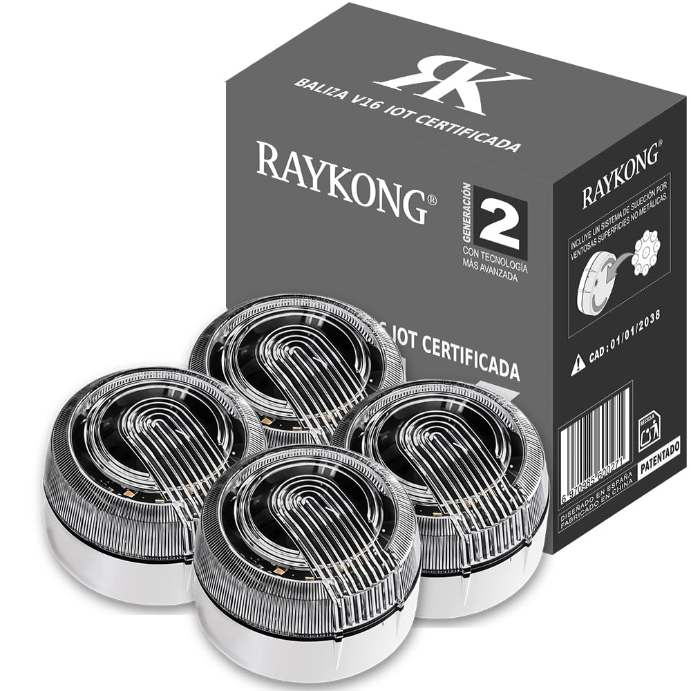 RAYKONG Baliza V16 Geolocalización DGT 3.0 | con 1 Indicador Led Conexíon | GPS | Homologada por DGT [SIM y Datos Pagados hasta 2038] Luz de emergencia de Segunda Generación | x4