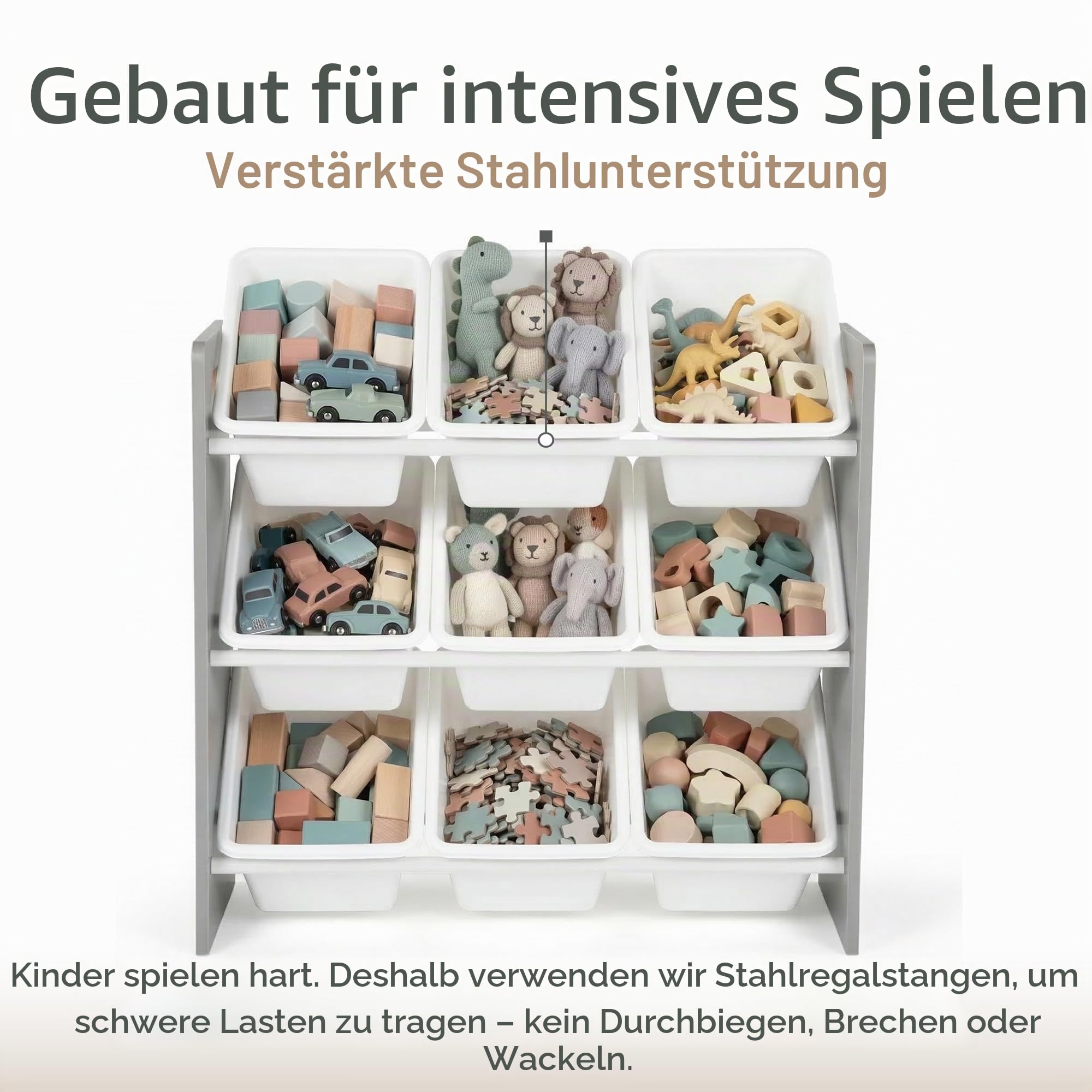 Humble Crew Kinderregal – Spielzeugregal mit 9 Aufbewahrungsboxen, Aufbewahrungsregal für Kinderzimmer, Grau/Weiß