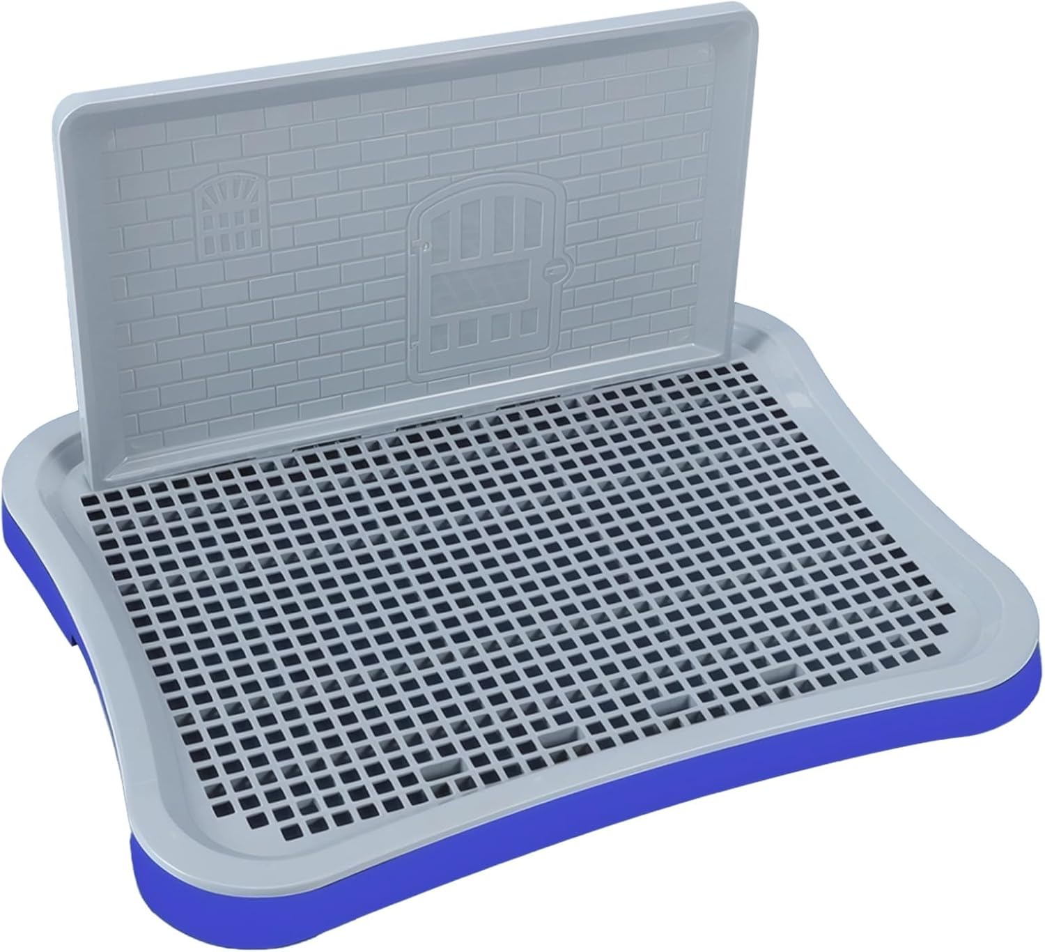 Blue-Gray Dog Toilet with Wall, Abs Indoor Potty Tray, 20.1 X 15.6 in Puppy Potty Training Pad Holder with Quick-Draining Grate for Small Medium Dogs, Removable Post