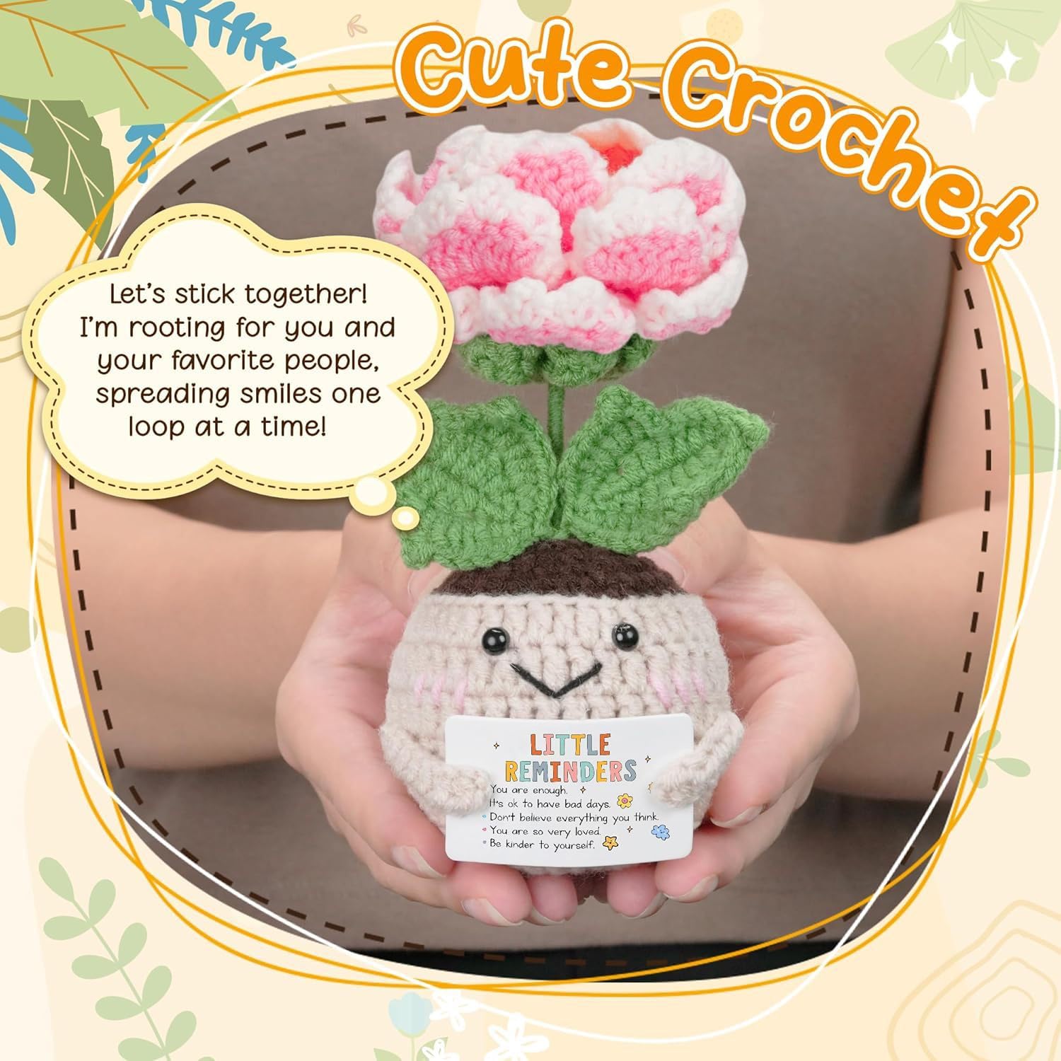 Planta de peonía de ganchillo hecha a mano con foto/texto personalizada, para mamá de hija, decoración de escritorio de aliento Get Well Soon
