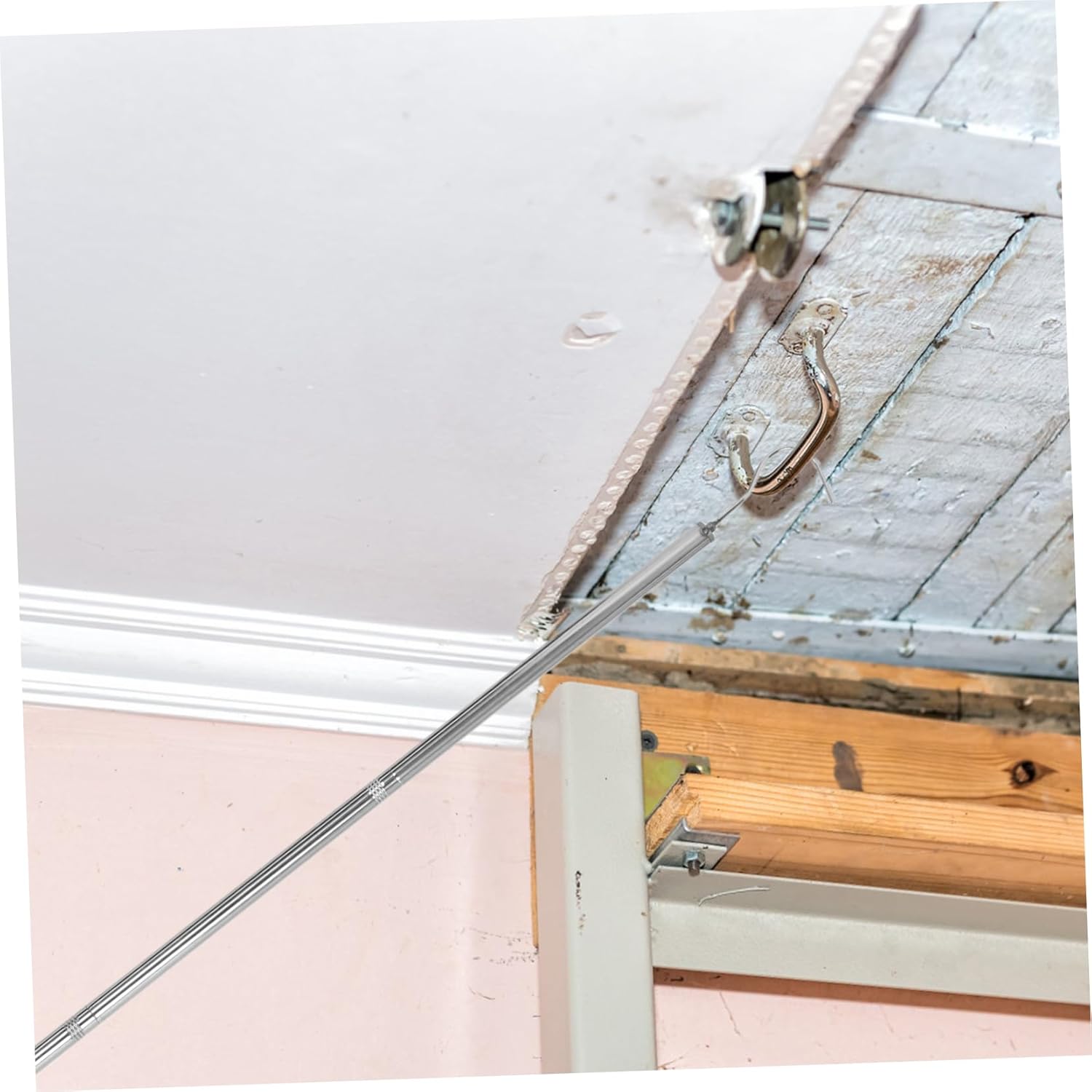 TEHAUX Attic Ladder Pull Down System Kit Stainless Steel Extension Pole with Aluminum Handle Attic Access Tool for Home Storage Includes Hook for Easy Operation