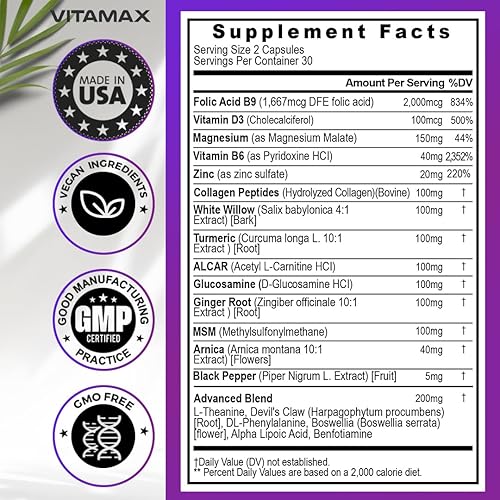 Miniatura 3 de Apoyo a la salud del nervio ciático - Cápsulas de suplemento para el nervio ciático con ácido fólico, guisante, glucosamina, MSM, complejo de