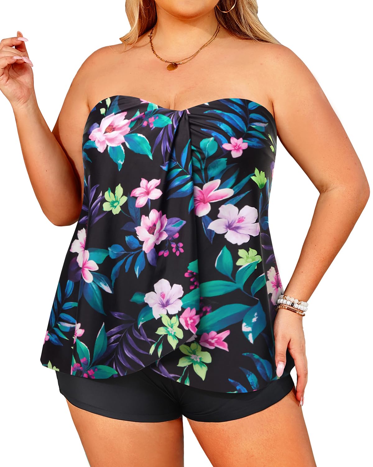 Plus Size Bandeau Tankini 2 Piece Halter Swimsuit with Shorts