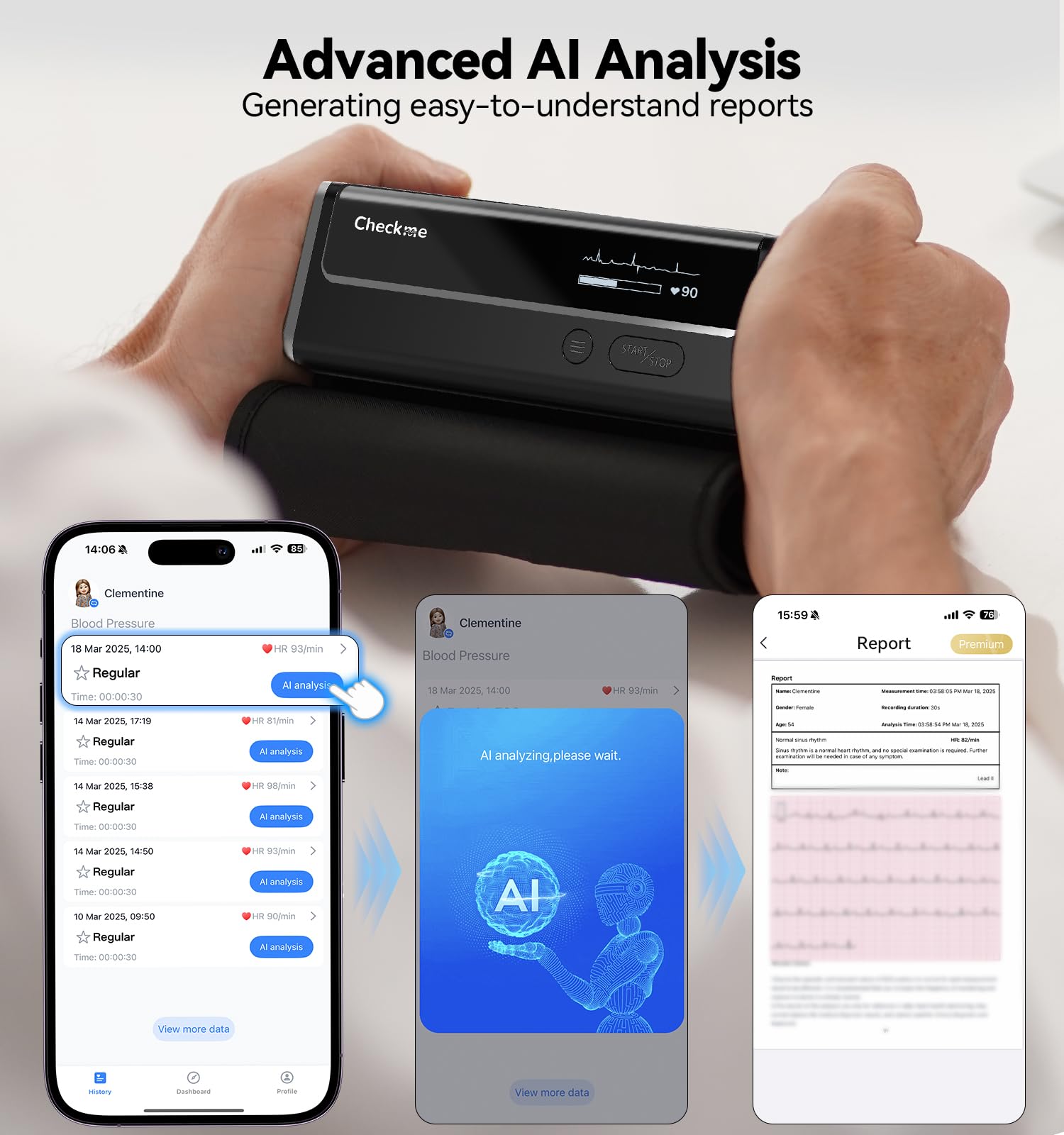 Checkme WiFi Blood Pressure Monitor for Home Use, Bluetooth Automatic Arm Cuff, Smart Digital BP Machine, Wireless Portable USB Rechargeable with X3 Accuracy Function, Free APP for iOS & Android Black