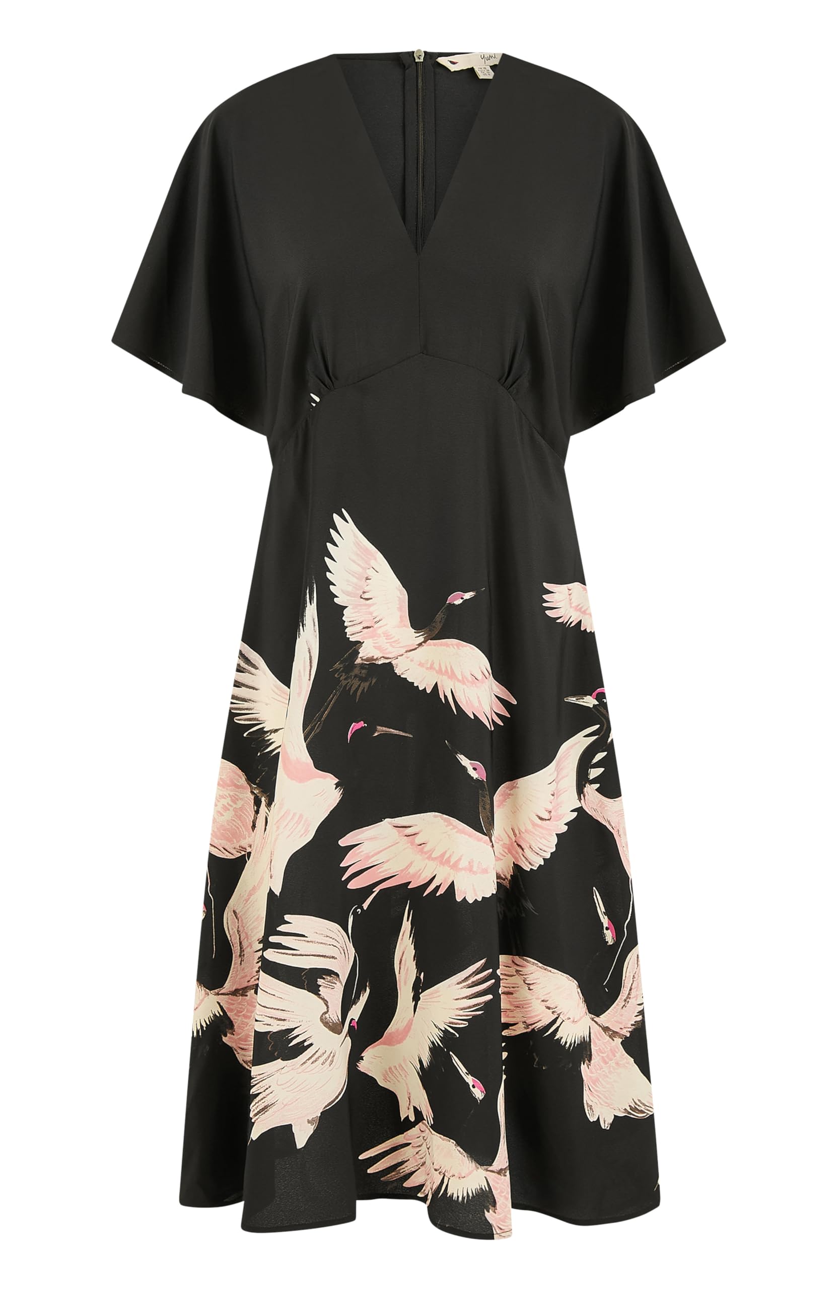 Yumi Black Recycled Fabric Crane Print Kimono Midi Dress (UK, Numeric, 10, Regular, Regular, Black)