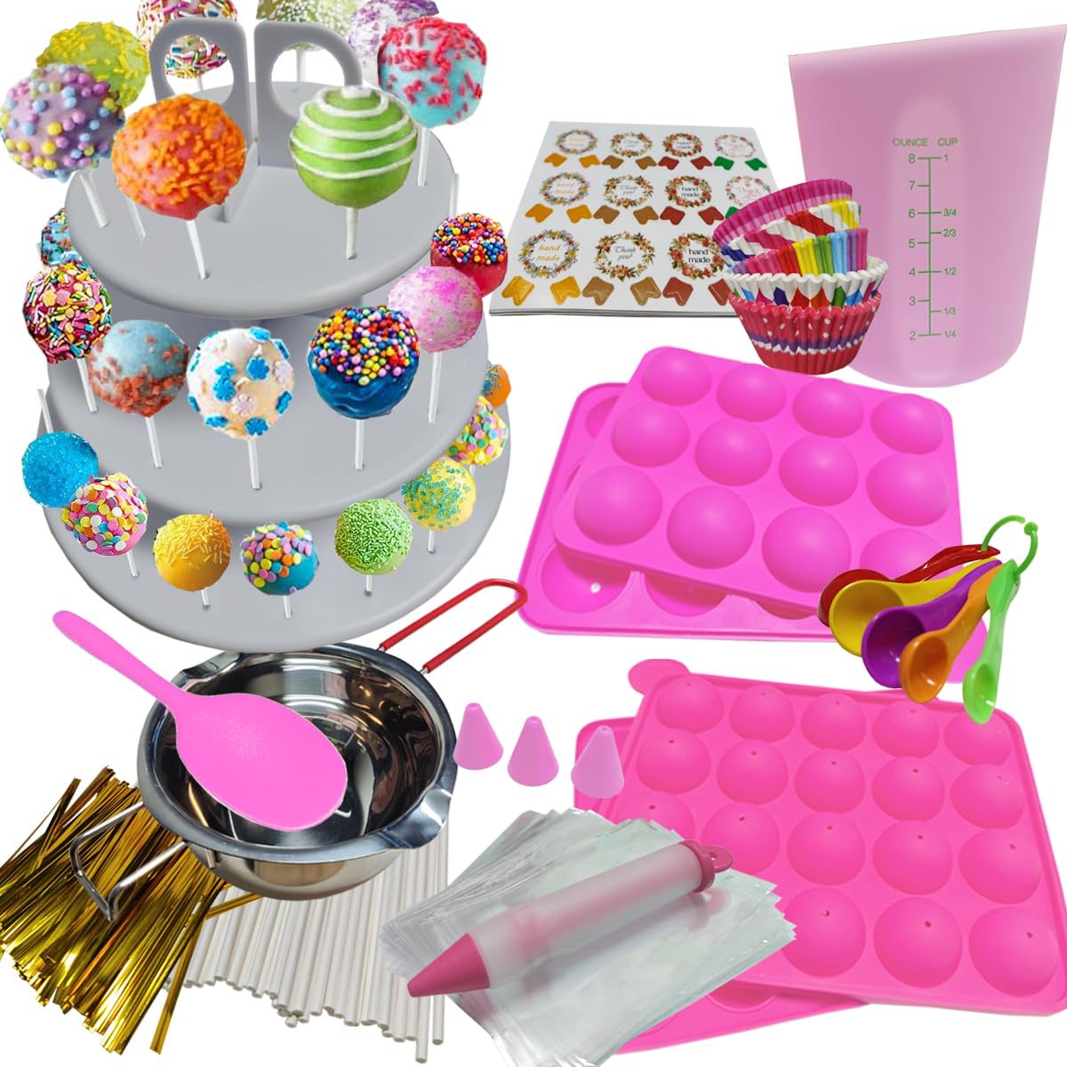 539-teiliges Cake-Pop-Maker-Set, Silikon-Lutscher-Formen, Backzubehör mit 3-stöckigem Präsentationsständer, Schmelztopf für Schokolade, Süßigkeiten, Beutel und Bindebänder, Cakepop-Stifte,