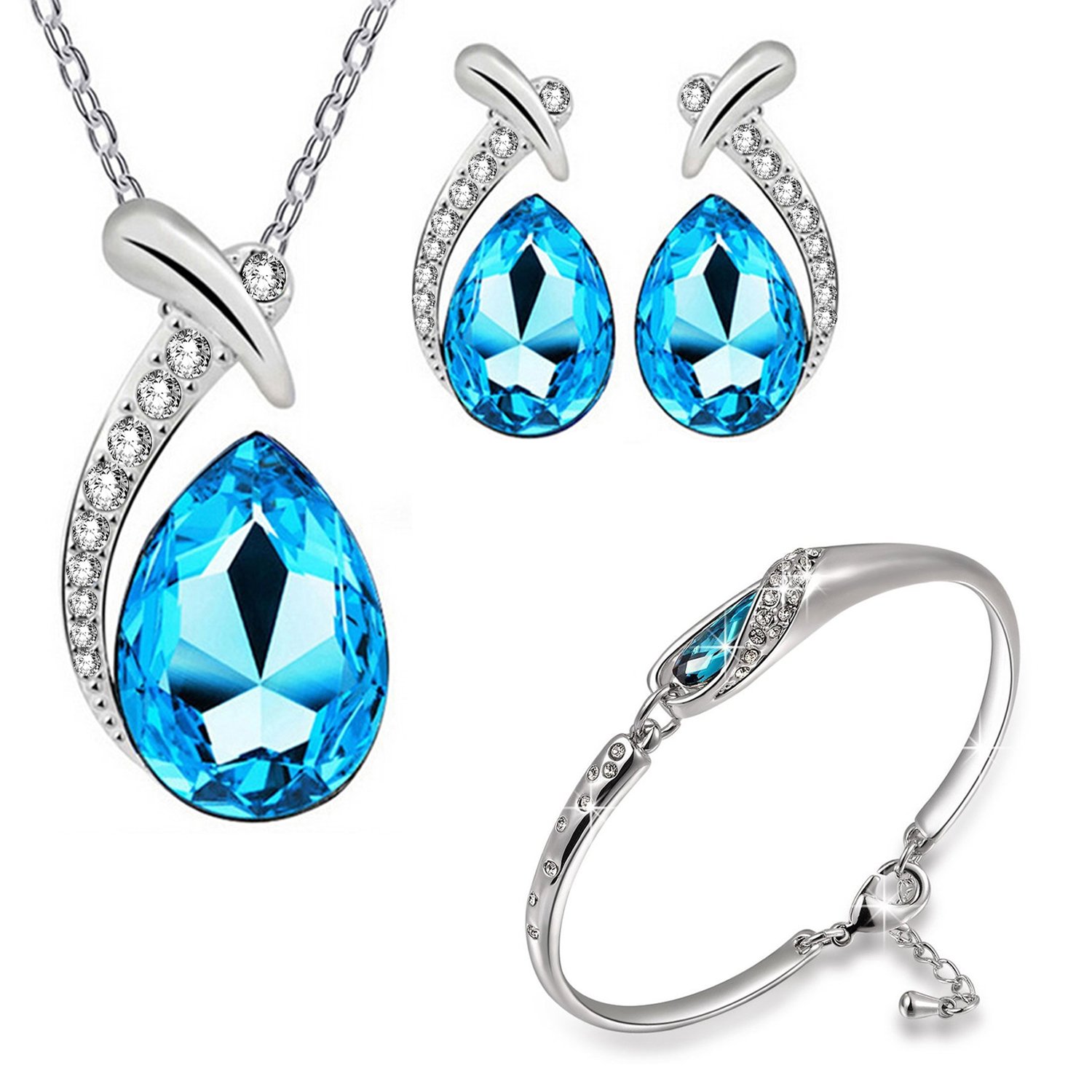 Valentine Gift Rhodium Plated Crystal Jewellery Combo Drop Pendant Necklace Set And Designer Bangle Bracelet For Girls And Women CO1000065