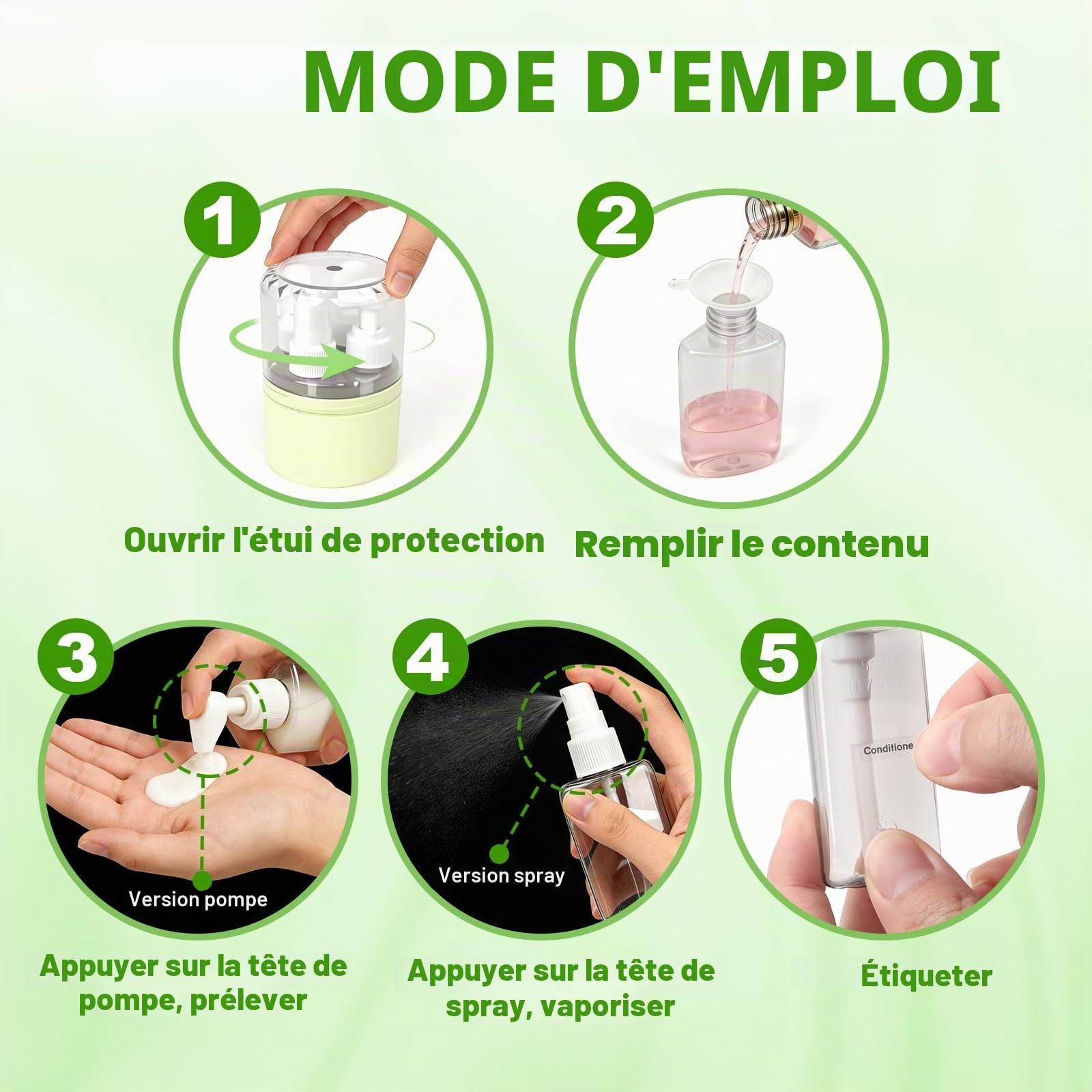 Flacon Voyage 4 en 1 Rechargeable Vert 50ml, Kit Avion Étanche Anti-Fuite avec Étiquettes, Contenant Polyvalent pour Voyage et Bureau (Vert)
