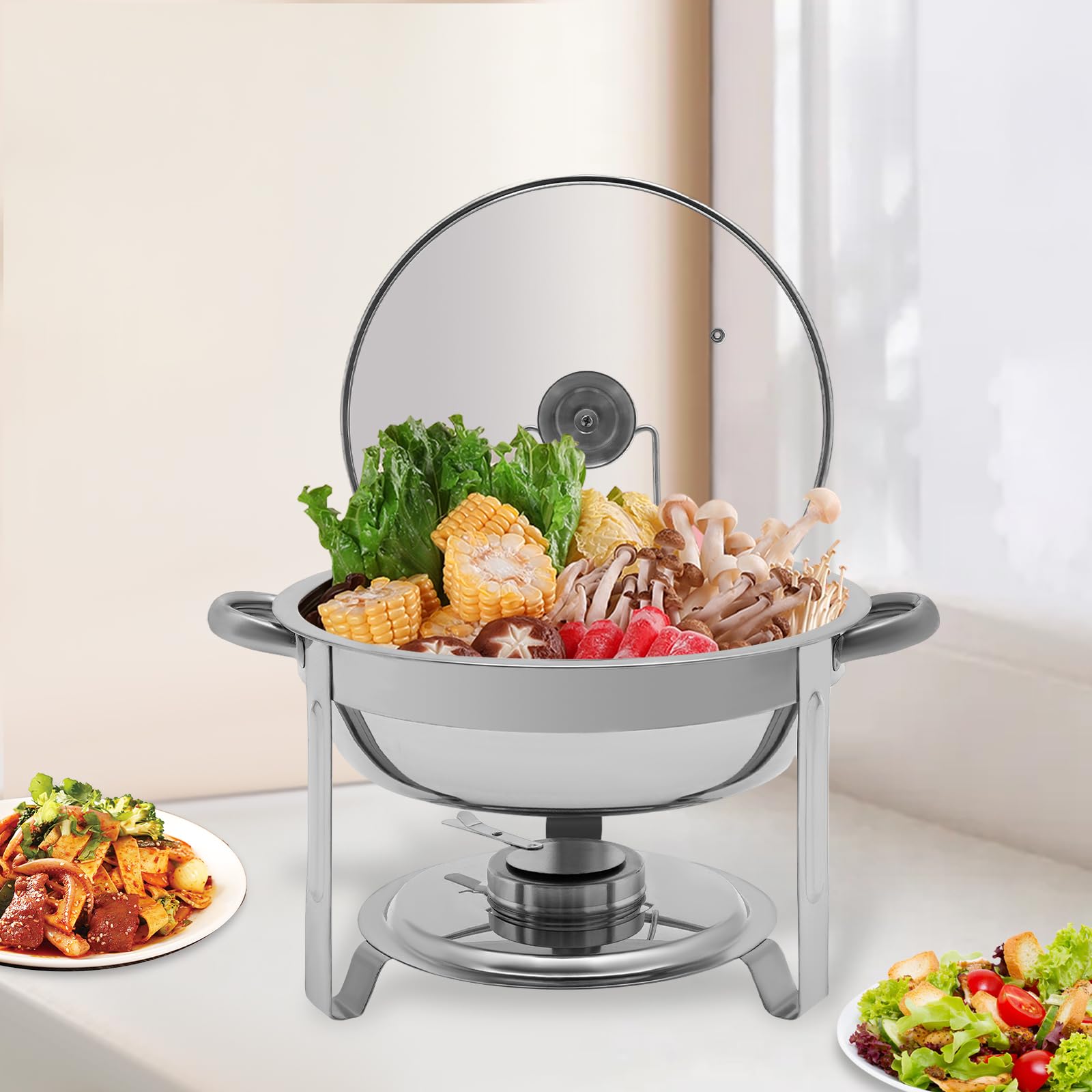 scaldavivande Chafing Dish rotondo con coperchio in vetro con contenitore per pasta combustibile e padella per alimenti, contenitore per alimenti contenitore, argento, 5 litri, per catering buffet e