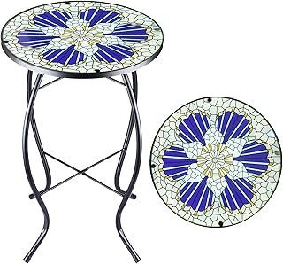 Patio Side Table Outdoor Mosaic Table Accent Coffee Table,End Table Small Porch Blue Morning Glory Table Indoor,Round Glass Balcony Small Porch Plant Stands for Garden Patio Living Room 14 Inch