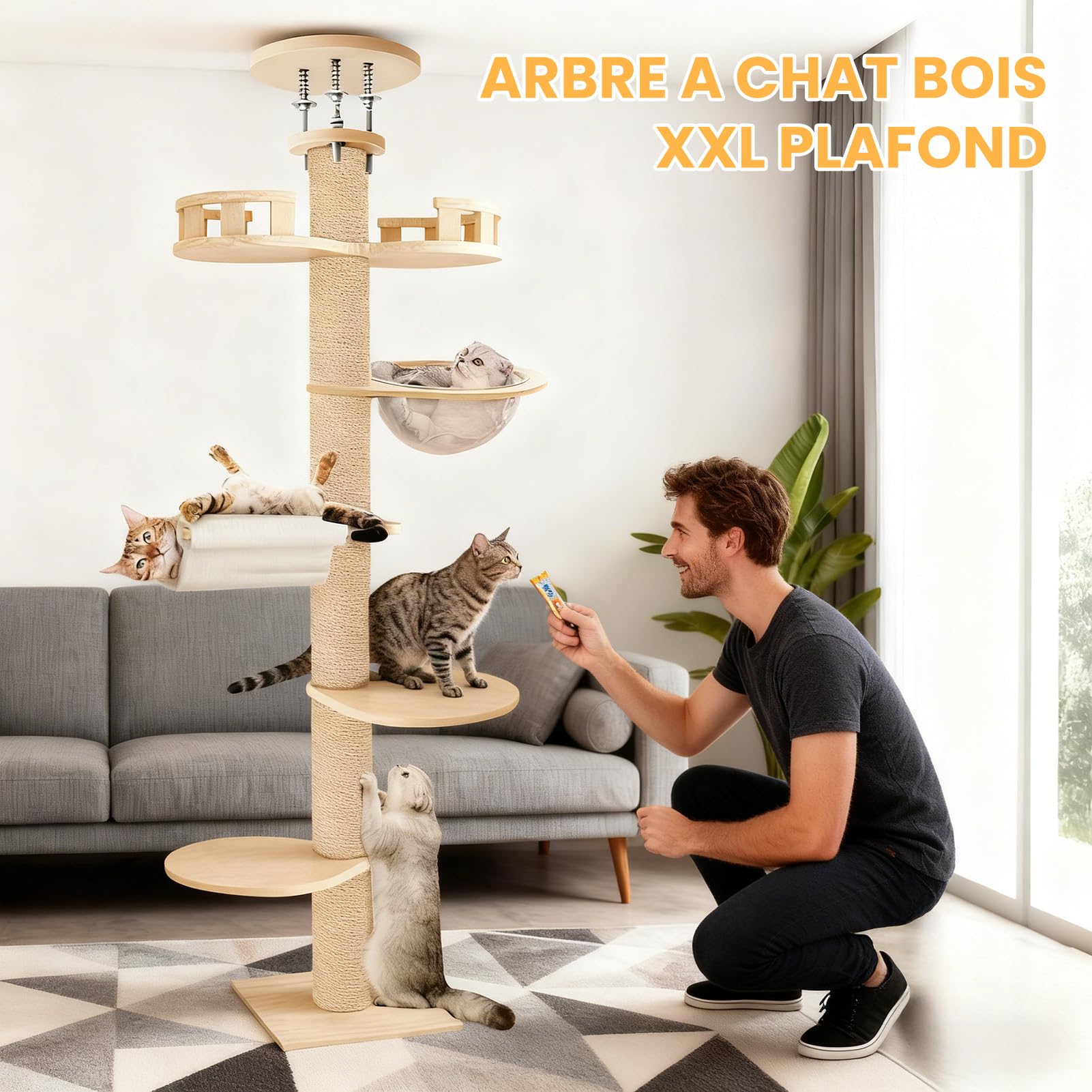 Arbre a Chat Plafond du Sol au Plafond, Arbre à Chat XXL de Hauteur Réglable de 2,95 à 3,1 m, Griffoir pour Chats avec Tour à 6 Niveaux avec 7 Poteaux à Griffer en Sisal (Jaune)