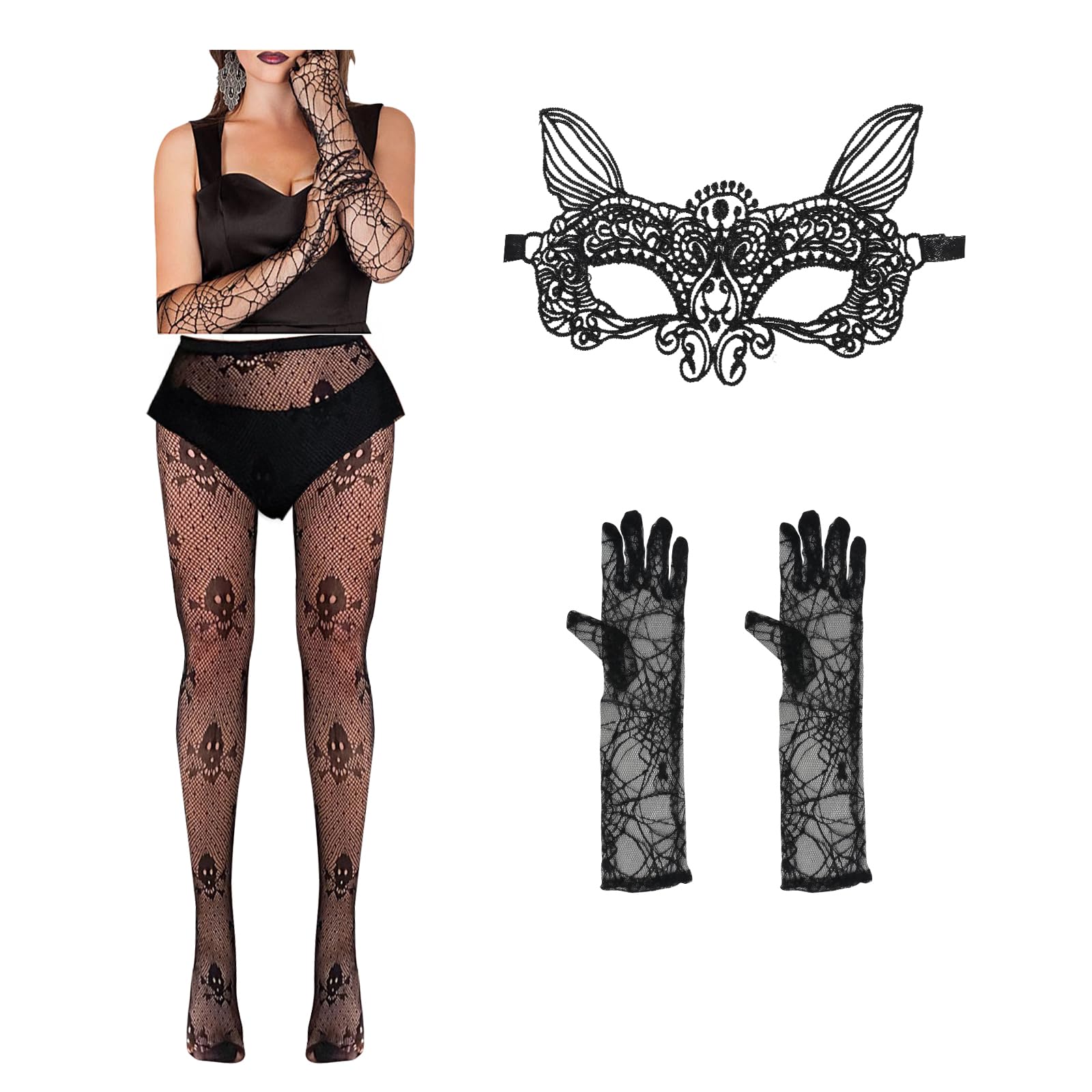 Lifreer Day of The Dead Skeleton Tights, Spider Webs Long Finger Loop Gloves