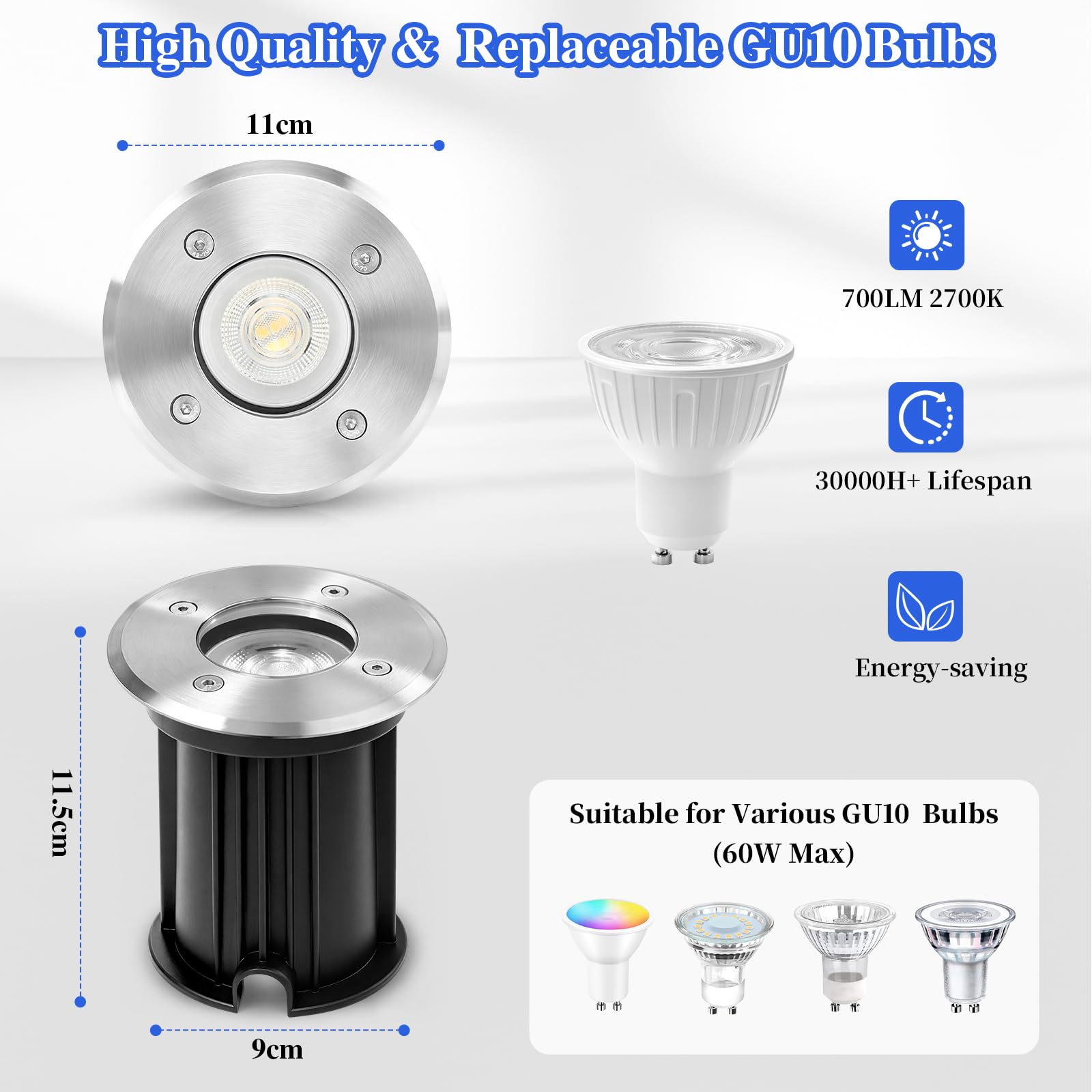 GeyouLux Runder Bodenstrahler Außen, mit 6W GU10 Leuchtmittel, IP67, 4 St | 2700K Warmweiß, LED überfahrbarer Edelstahl Bodeneinbaustrahler für Rasenflächen, Einfahrten, Terrassen, Gärten