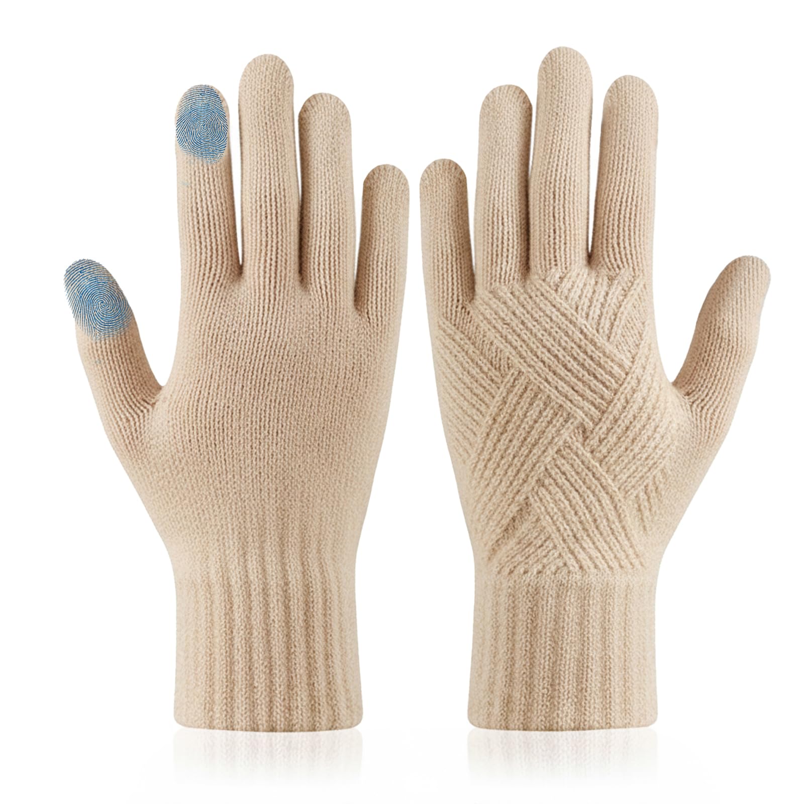 Yxelydriail Warm Gloves Winter, Knitted Touch Screen Gloves, Anti-Slip Thermal Glove Warm and Windproof Winter for Outdoor Cycling Hiking for Men and Women (Beige)