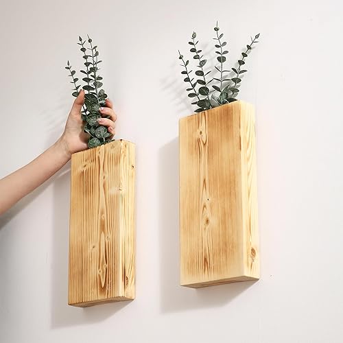 Miniatura 10 de Juego de 2 macetas de madera para pared, bolsillo de pared de madera para flores secas y vegetación, florero colgante de madera para interiores,
