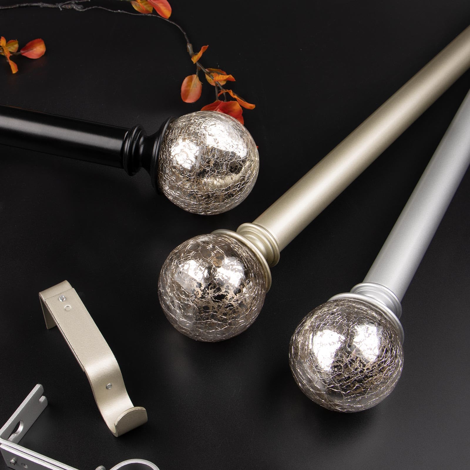 KAMANINA 1 Inch Curtain Rods for Windows 48 to 84 Inches, Champagne Gold Curtain Rod 32 to 86 inch(2.6-7.1ft), Single Drapery Rods with Crackle Glass Finials