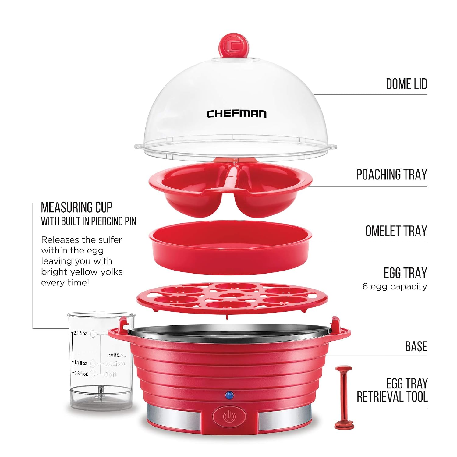 Chefman Egg-Maker Rapid Poacher, Food & Vegetable Steamer, Quickly Makes Up to 6, Hard, Medium or Soft Boiled, Poaching/Omelet Tray Included, Ready Signal, BPA-Free, BLACK, view 13