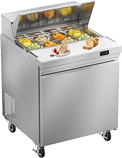 29" W Commercial Sandwich Salad Prep Table Refrigerator, 7.6 Cu.ft Single Door Stainless Steel Commercial Kitchen Refrigerated Equipment with 8 Pans for Restaurant, Bar, Shop, etc.