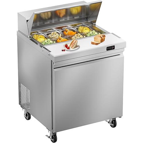 29" W Commercial Sandwich Salad Prep Table Refrigerator, 7.6 Cu.ft Single Door Stainless Steel Commercial Kitchen Refrigerated Equipment with 8 Pans for Restaurant, Bar, Shop, etc.